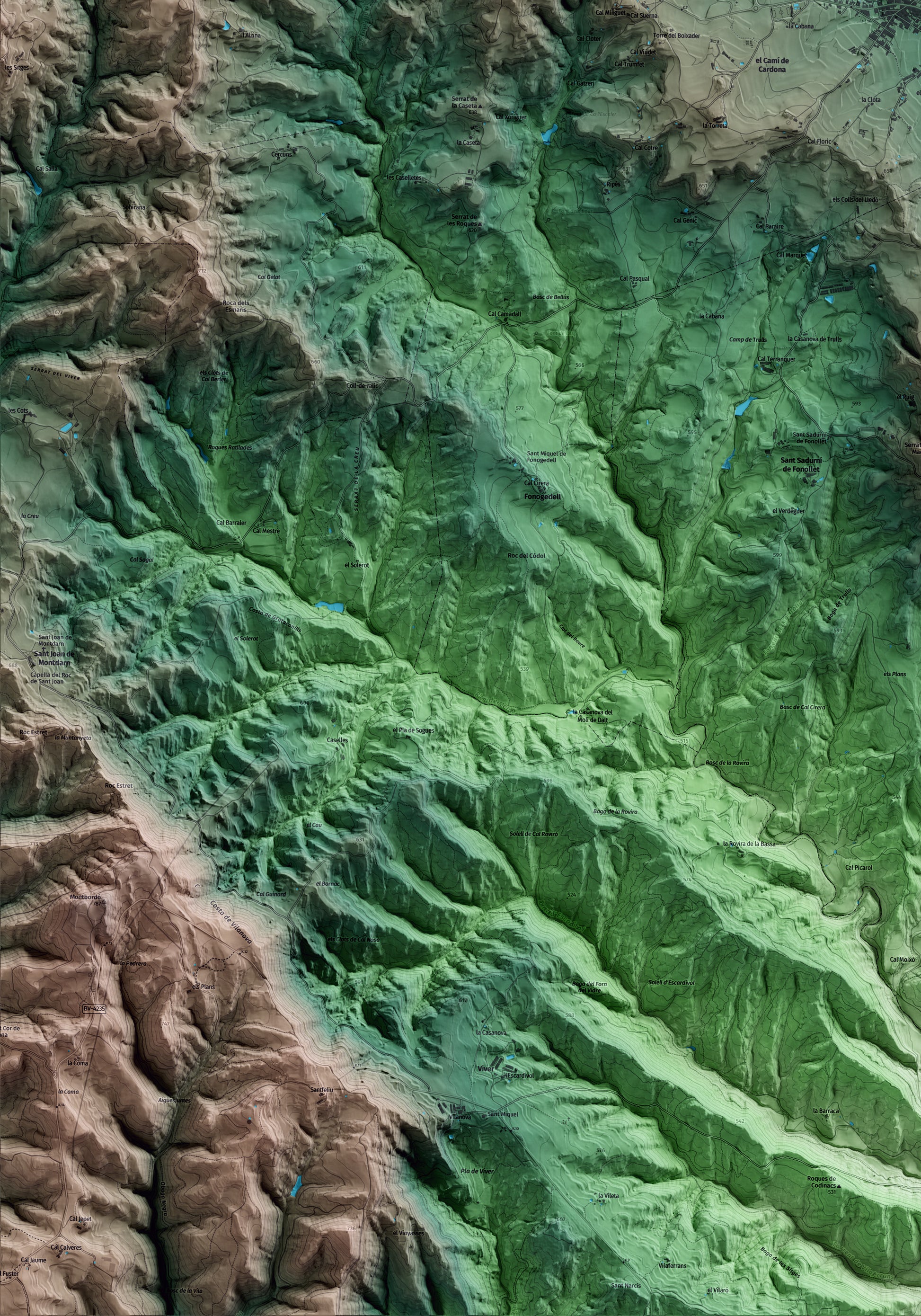 Mapa artístico del relieve de Casserres, al Berguedà, con 15 km de entorno y base topográfica ICGC. Detalle de la zona inferior izquierda.