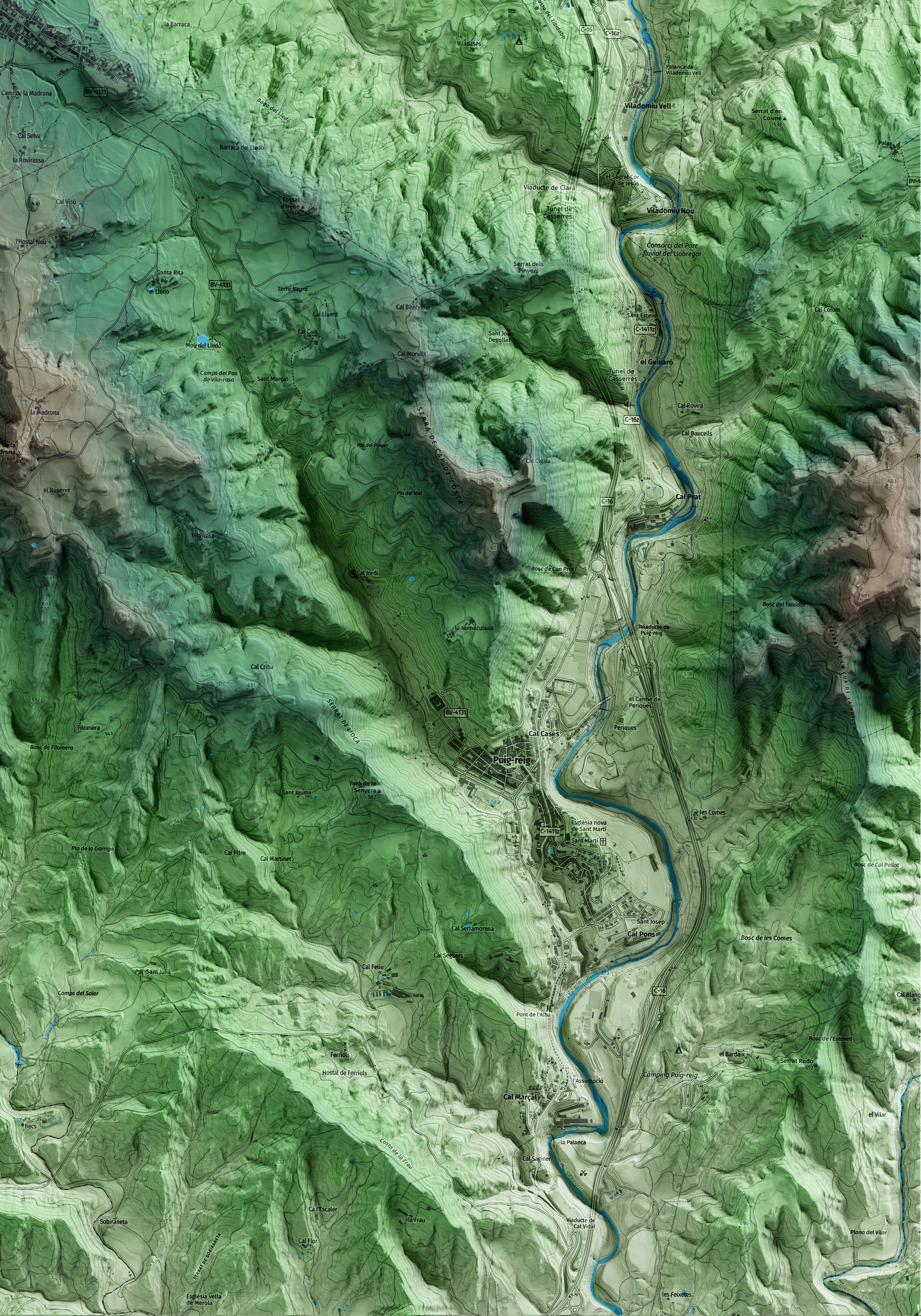 Mapa artístico del relieve de Casserres, al Berguedà, con 15 km de entorno y base topográfica ICGC. Detalle de la zona inferior derecha.
