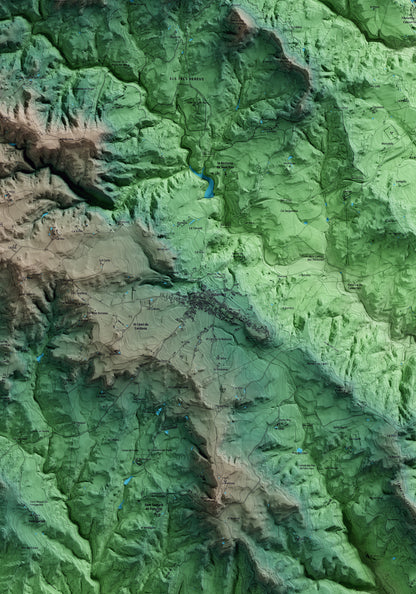 Mapa artístico del relieve de Casserres, al Berguedà, con 15 km de entorno y base topográfica ICGC. Detalle de la zona central.