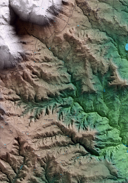 Mapa artístico del relieve de Casserres, al Berguedà, con 15 km de entorno y base topográfica ICGC. Detalle de la zona superior izquierda.