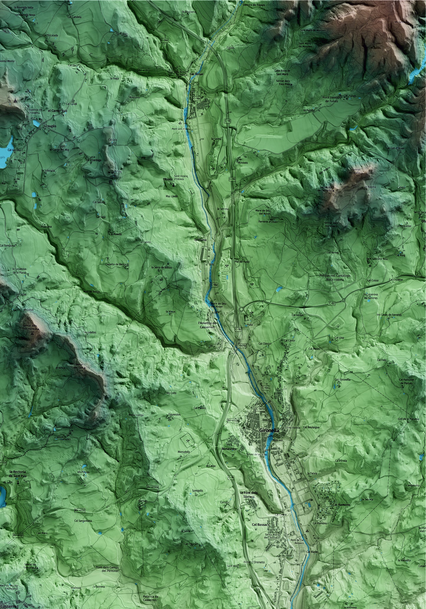 Mapa artístico del relieve de Casserres, al Berguedà, con 15 km de entorno y base topográfica ICGC. Detalle de la zona superior derecha.