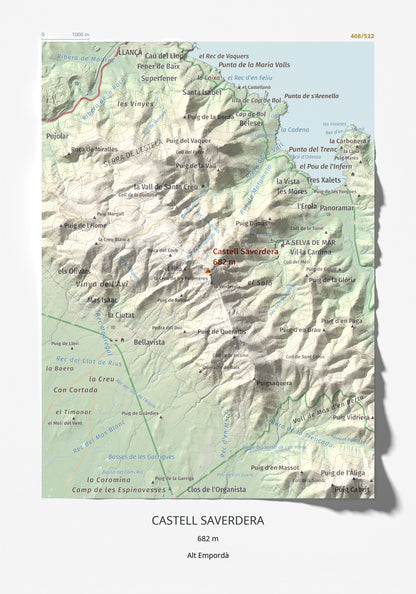 Mapa topográfico del relieve: Castell Saverdera, 682 m. Lámina completa. 21 × 30 cm.