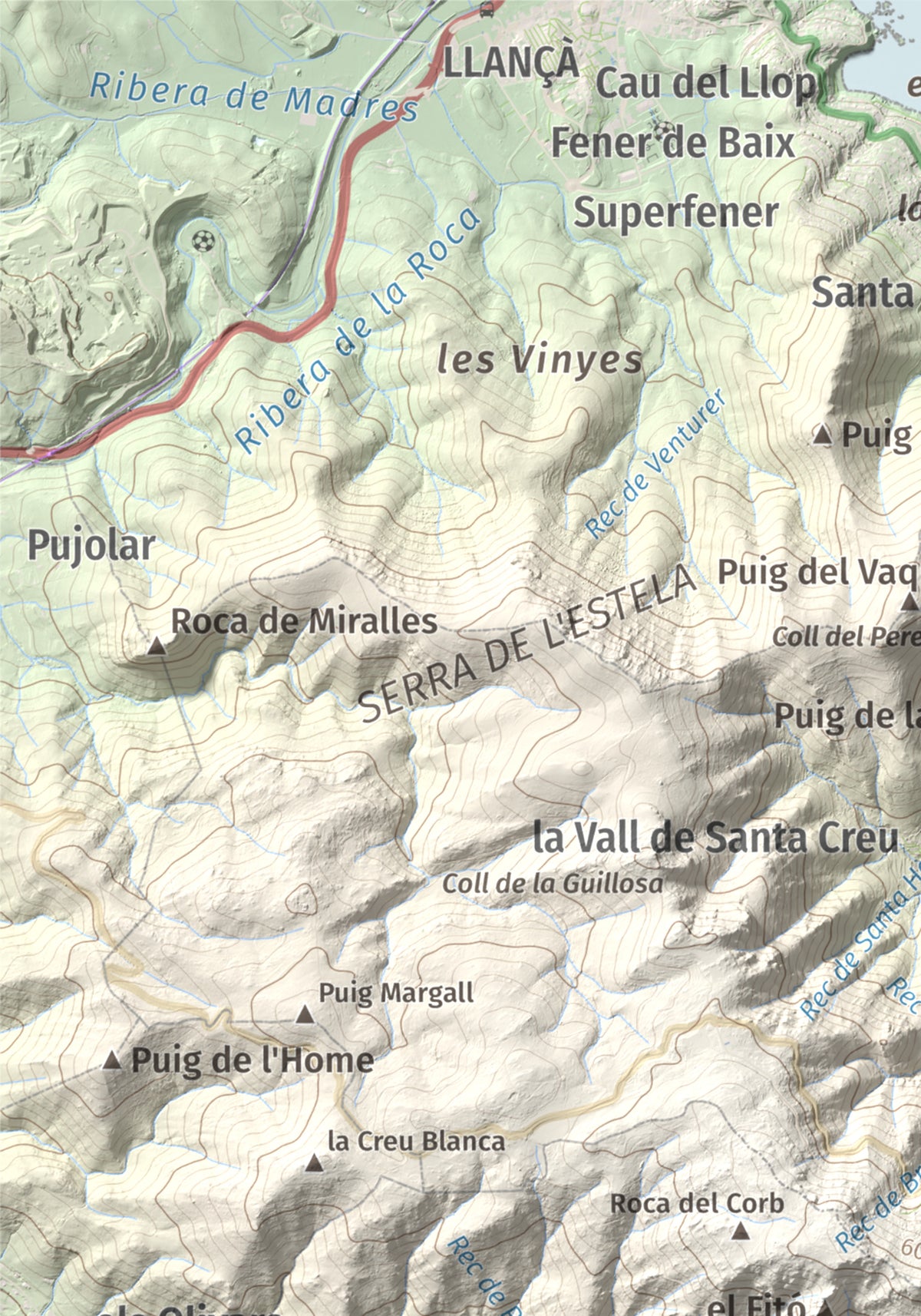 Mapa topográfico del relieve: Castell Saverdera, 682 m. Detalle de la zona superior izquierda. 21 × 30 cm.