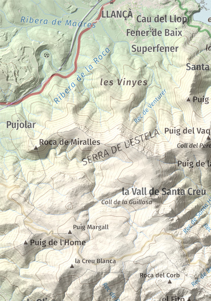 Mapa topográfico del relieve: Castell Saverdera, 682 m. Detalle de la zona superior izquierda. 21 × 30 cm.