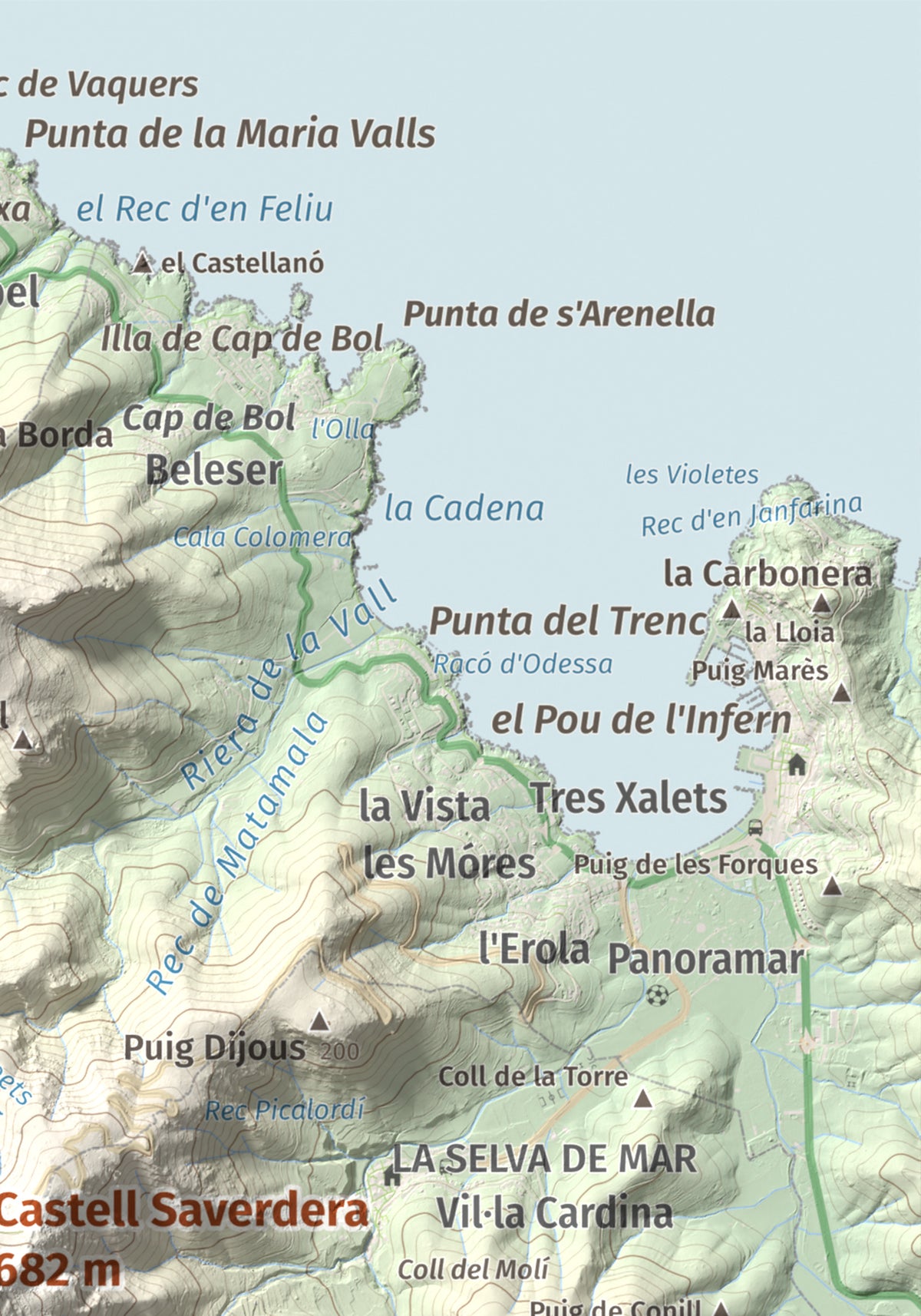 Mapa topográfico del relieve: Castell Saverdera, 682 m. Detalle de la zona superior derecha. 21 × 30 cm.