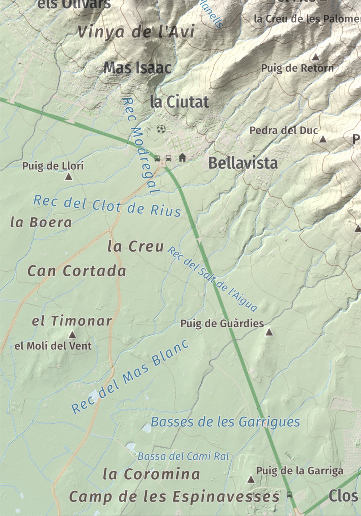 Mapa topográfico del relieve: Castell Saverdera, 682 m. Detalle de la zona inferior izquierda. 21 × 30 cm.