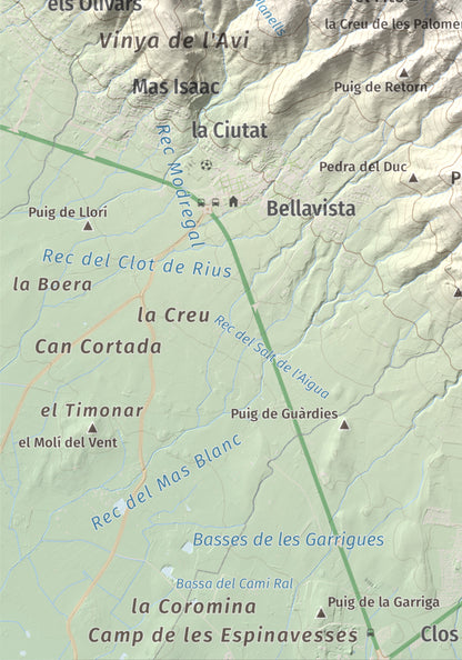 Mapa topográfico del relieve: Castell Saverdera, 682 m. Detalle de la zona inferior izquierda. 21 × 30 cm.