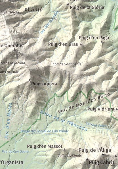 Mapa topográfico del relieve: Castell Saverdera, 682 m. Detalle de la zona inferior derecha. 21 × 30 cm.