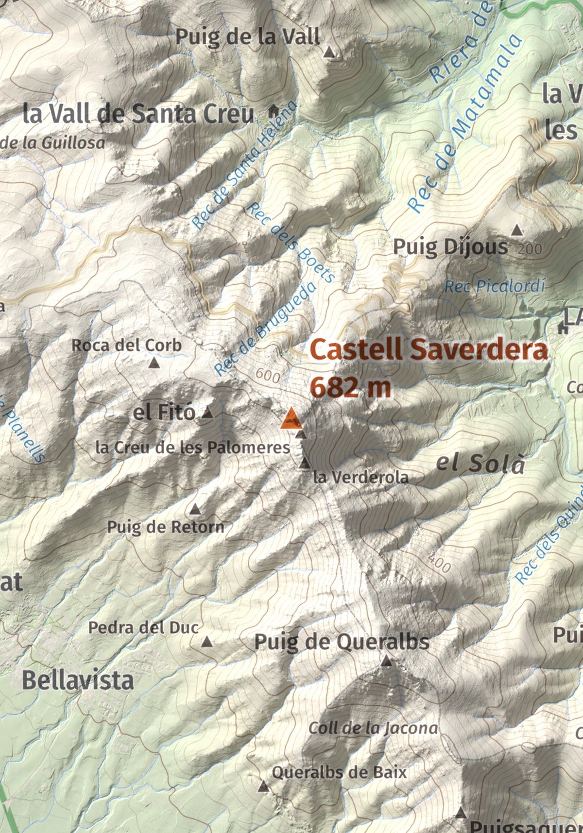 Mapa topográfico del relieve: Castell Saverdera, 682 m. Detalle de la zona central. 21 × 30 cm.