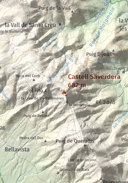 Mapa topográfico del relieve: Castell Saverdera, 682 m. Detalle de la zona central. 21 × 30 cm.