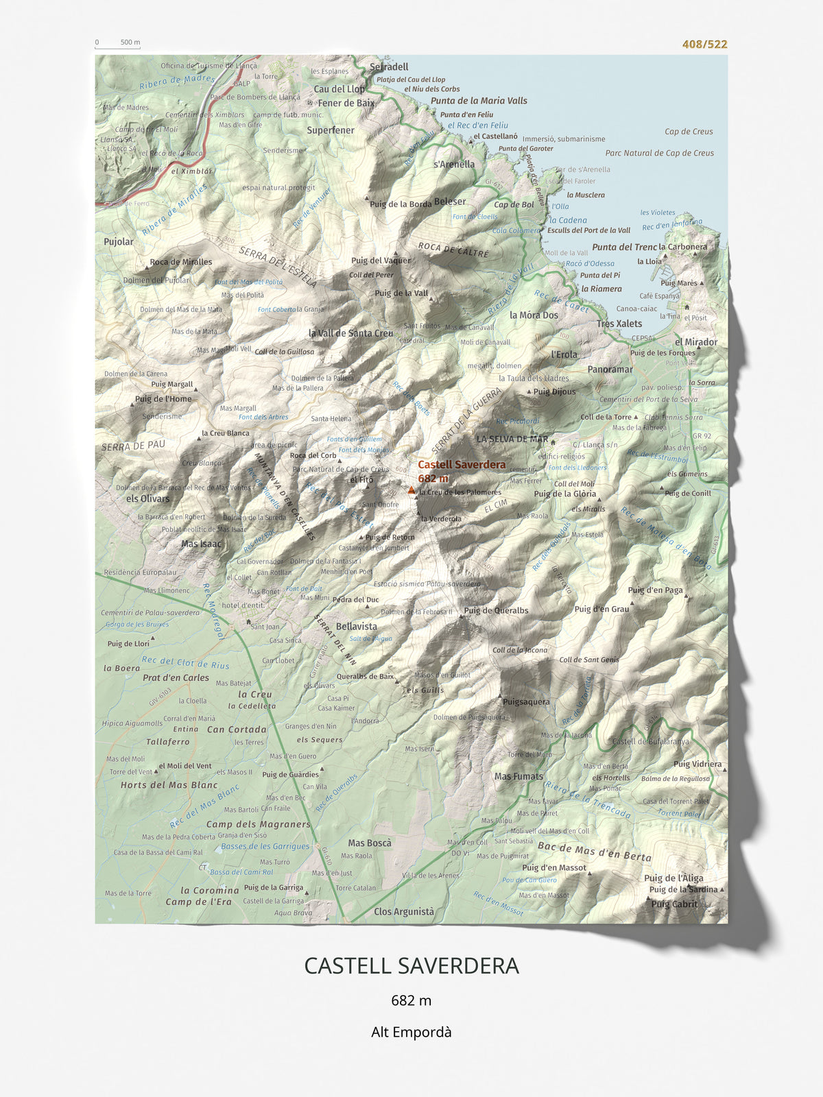 Mapa topográfico del relieve: Castell Saverdera, 682 m. Lámina completa. 30 × 40 cm.