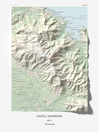 Mapa topográfico del relieve: Castell Saverdera, 682 m. Lámina completa. 30 × 40 cm.