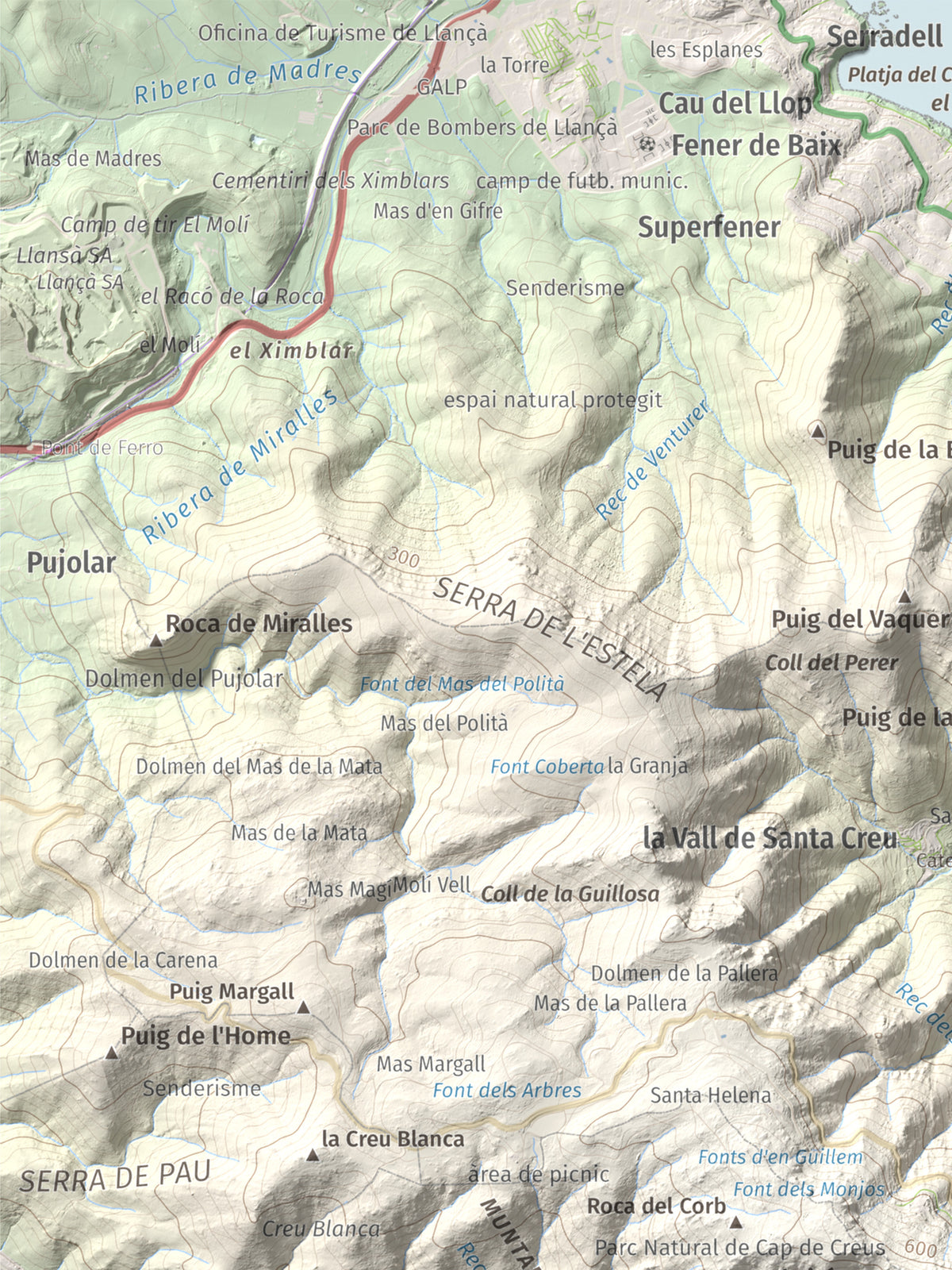 Mapa topográfico del relieve: Castell Saverdera, 682 m. Detalle de la zona superior izquierda. 30 × 40 cm.
