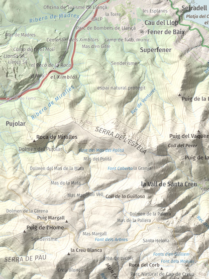 Mapa topográfico del relieve: Castell Saverdera, 682 m. Detalle de la zona superior izquierda. 30 × 40 cm.