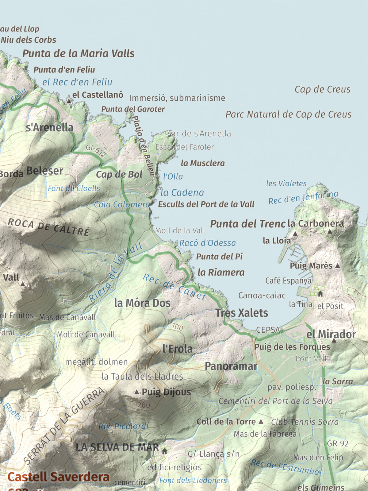 Mapa topográfico del relieve: Castell Saverdera, 682 m. Detalle de la zona superior derecha. 30 × 40 cm.