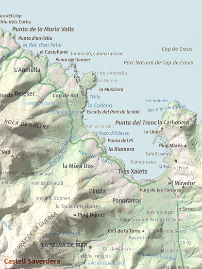 Mapa topográfico del relieve: Castell Saverdera, 682 m. Detalle de la zona superior derecha. 30 × 40 cm.
