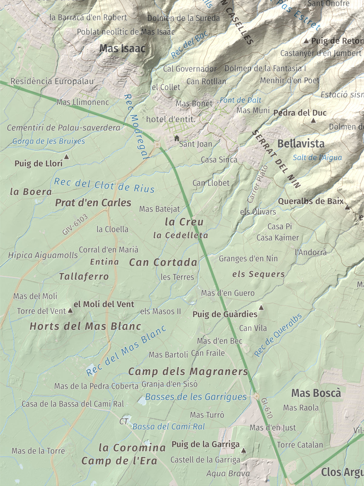 Mapa topográfico del relieve: Castell Saverdera, 682 m. Detalle de la zona inferior izquierda. 30 × 40 cm.