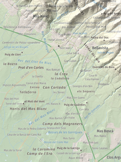 Mapa topográfico del relieve: Castell Saverdera, 682 m. Detalle de la zona inferior izquierda. 30 × 40 cm.