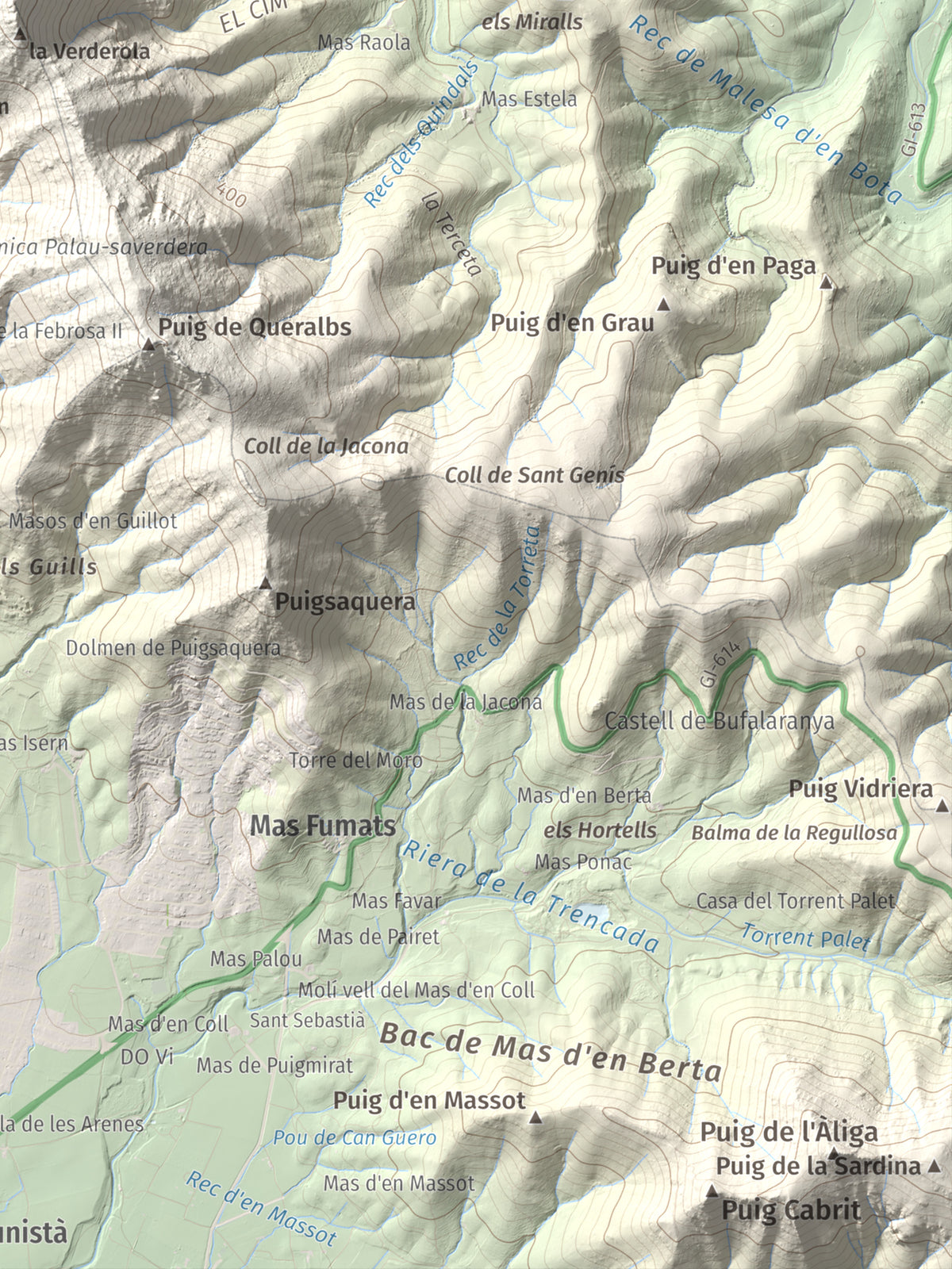 Mapa topográfico del relieve: Castell Saverdera, 682 m. Detalle de la zona inferior derecha. 30 × 40 cm.