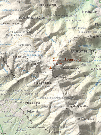 Mapa topográfico del relieve: Castell Saverdera, 682 m. Detalle de la zona central. 30 × 40 cm.
