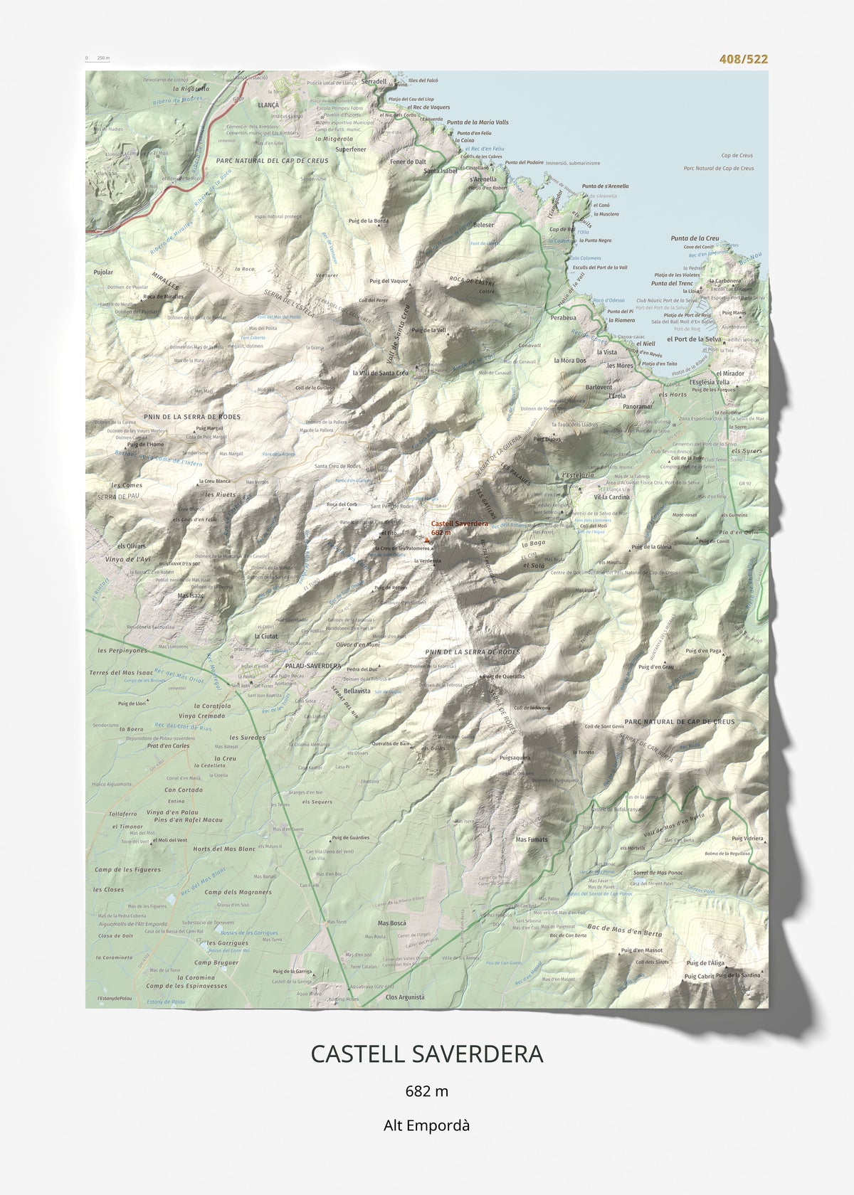 Mapa topográfico del relieve: Castell Saverdera, 682 m. Lámina completa. 50 × 70 cm.