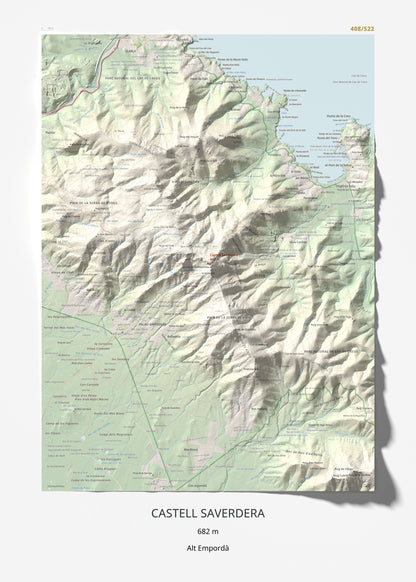 Mapa topográfico del relieve: Castell Saverdera, 682 m. Lámina completa. 50 × 70 cm.