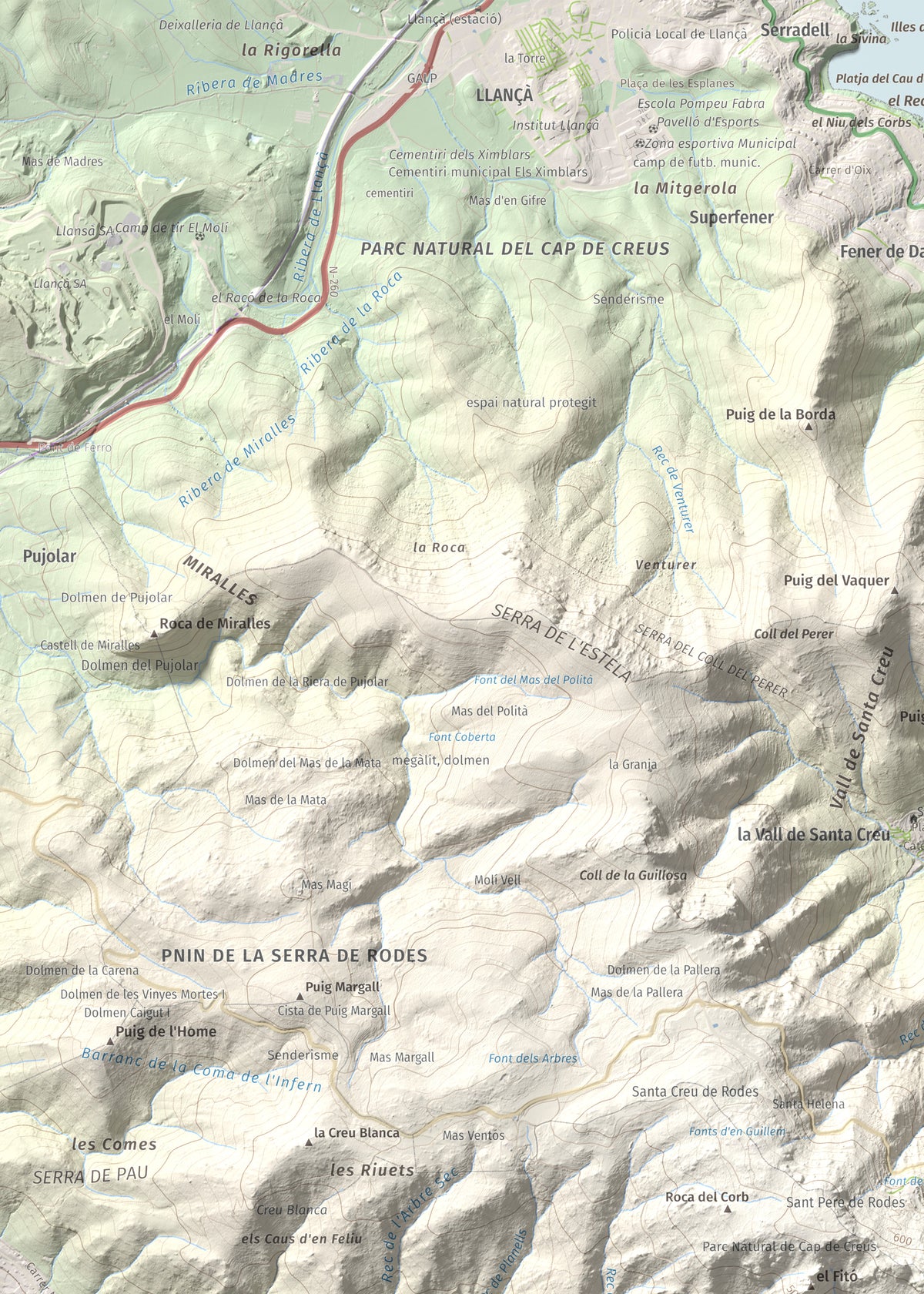 Mapa topográfico del relieve: Castell Saverdera, 682 m. Detalle de la zona superior izquierda. 50 × 70 cm.