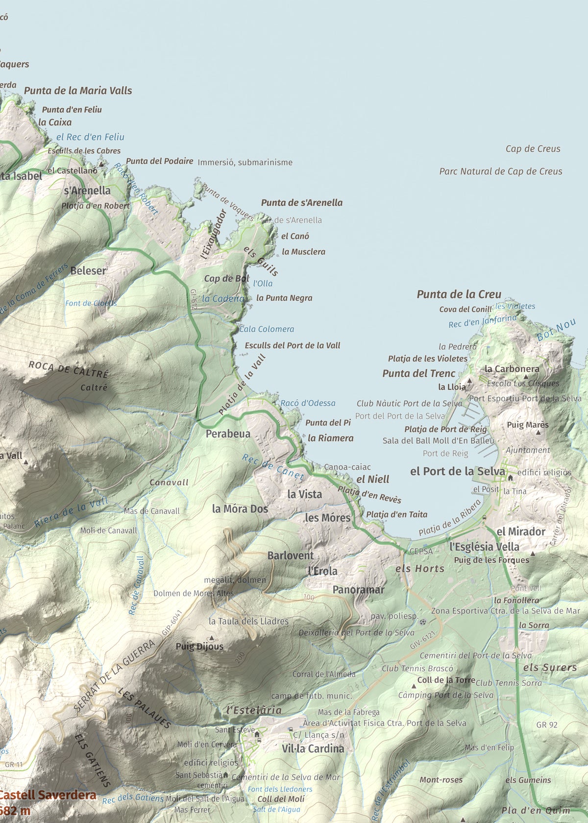 Mapa topográfico del relieve: Castell Saverdera, 682 m. Detalle de la zona superior derecha. 50 × 70 cm.