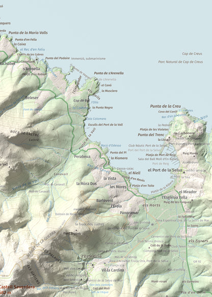 Mapa topográfico del relieve: Castell Saverdera, 682 m. Detalle de la zona superior derecha. 50 × 70 cm.