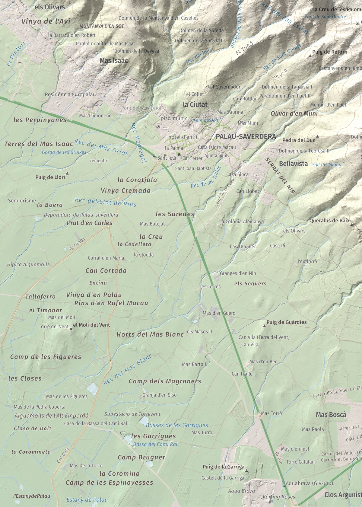 Mapa topográfico del relieve: Castell Saverdera, 682 m. Detalle de la zona inferior izquierda. 50 × 70 cm.