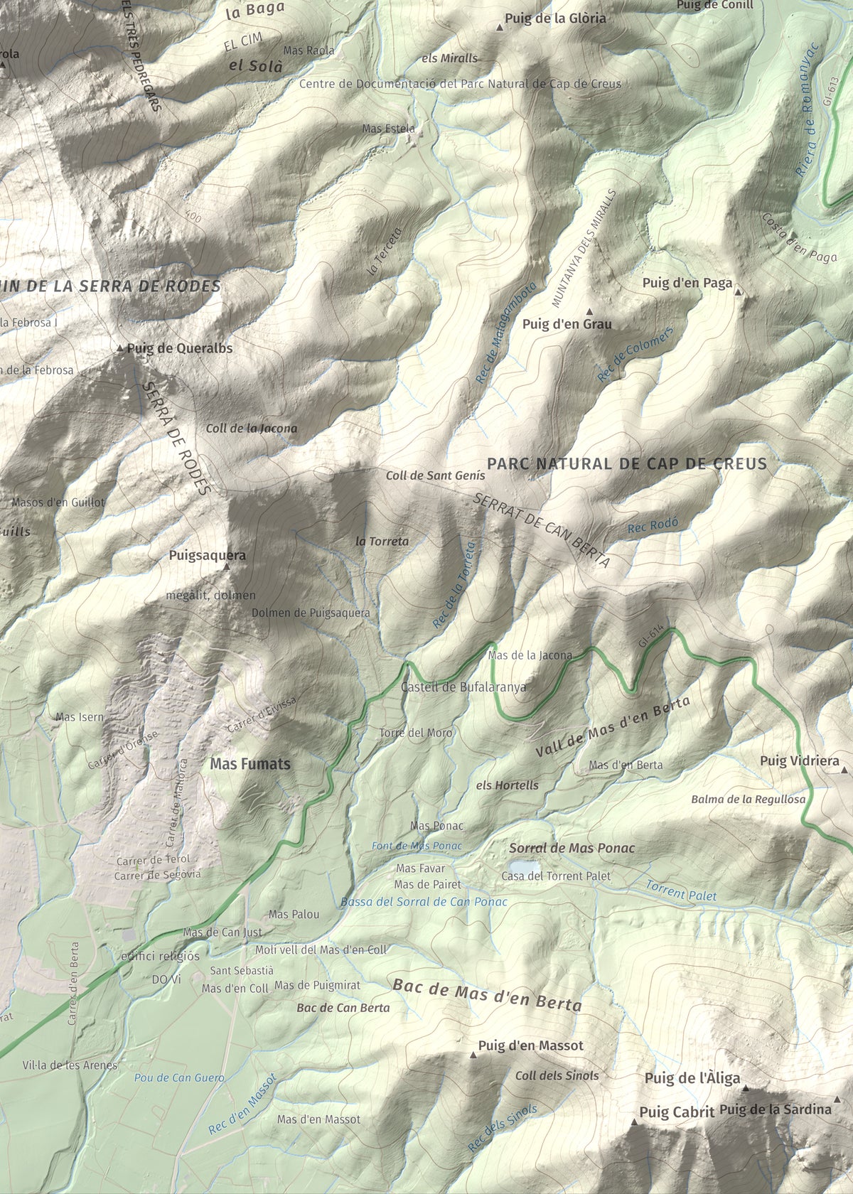 Mapa topográfico del relieve: Castell Saverdera, 682 m. Detalle de la zona inferior derecha. 50 × 70 cm.