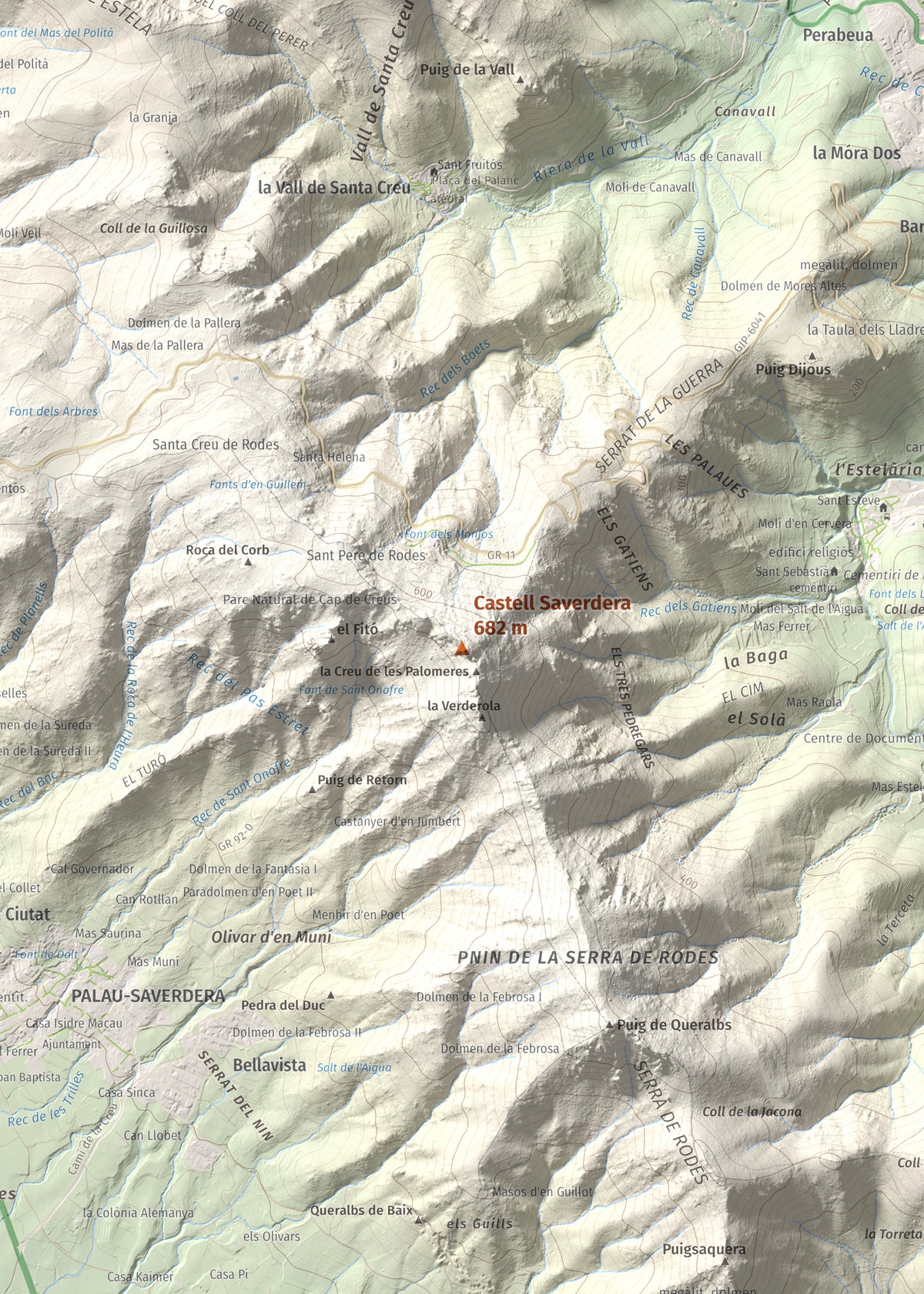 Mapa topográfico del relieve: Castell Saverdera, 682 m. Detalle de la zona central. 50 × 70 cm.