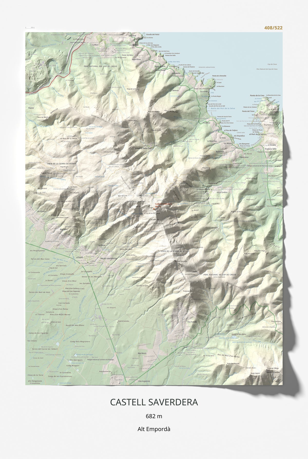 Mapa topográfico del relieve: Castell Saverdera, 682 m. Lámina completa. 61 × 91 cm.