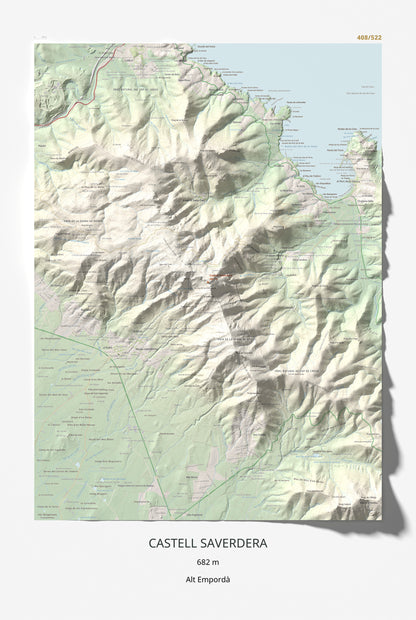 Mapa topográfico del relieve: Castell Saverdera, 682 m. Lámina completa. 61 × 91 cm.