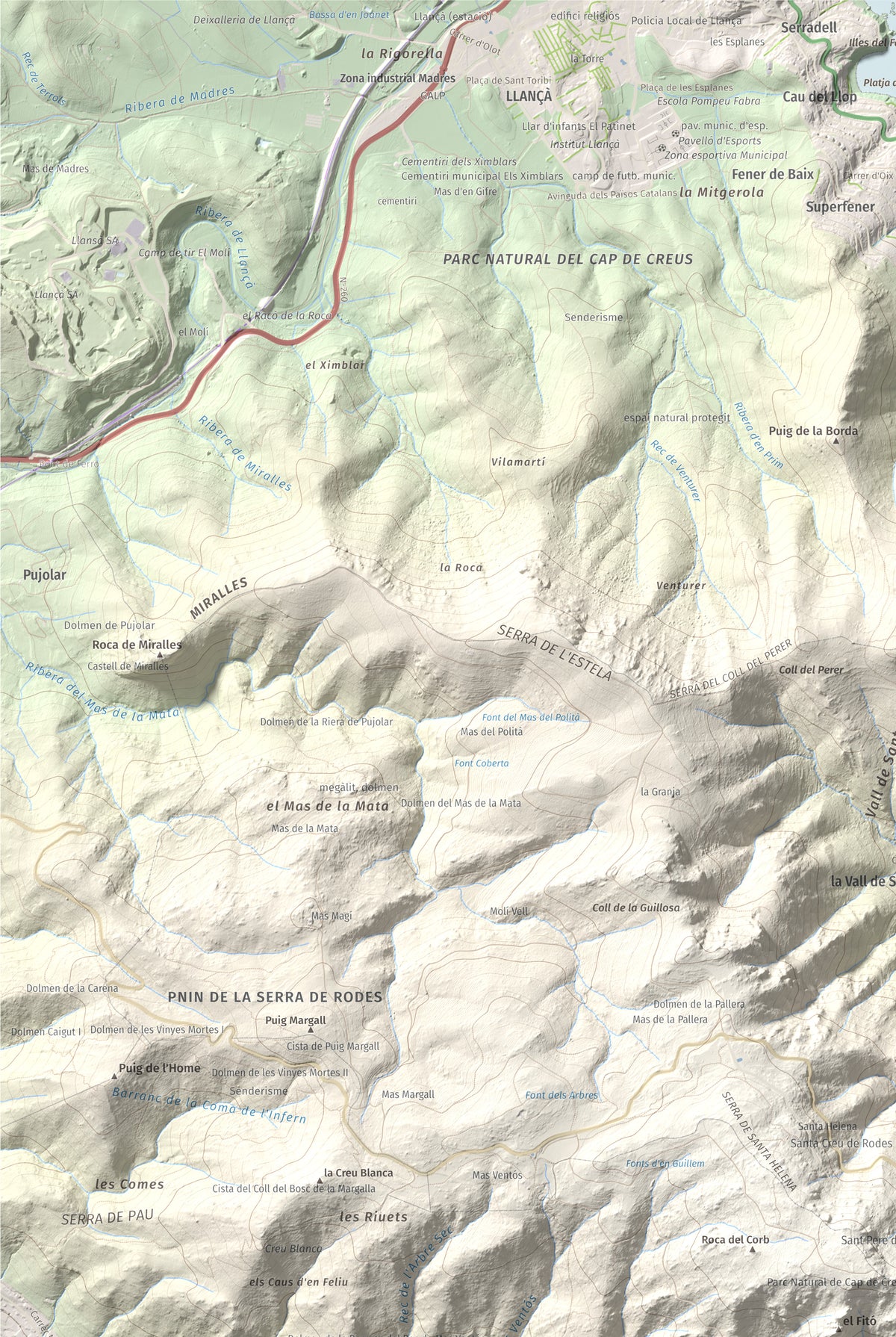 Mapa topográfico del relieve: Castell Saverdera, 682 m. Detalle de la zona superior izquierda. 61 × 91 cm.