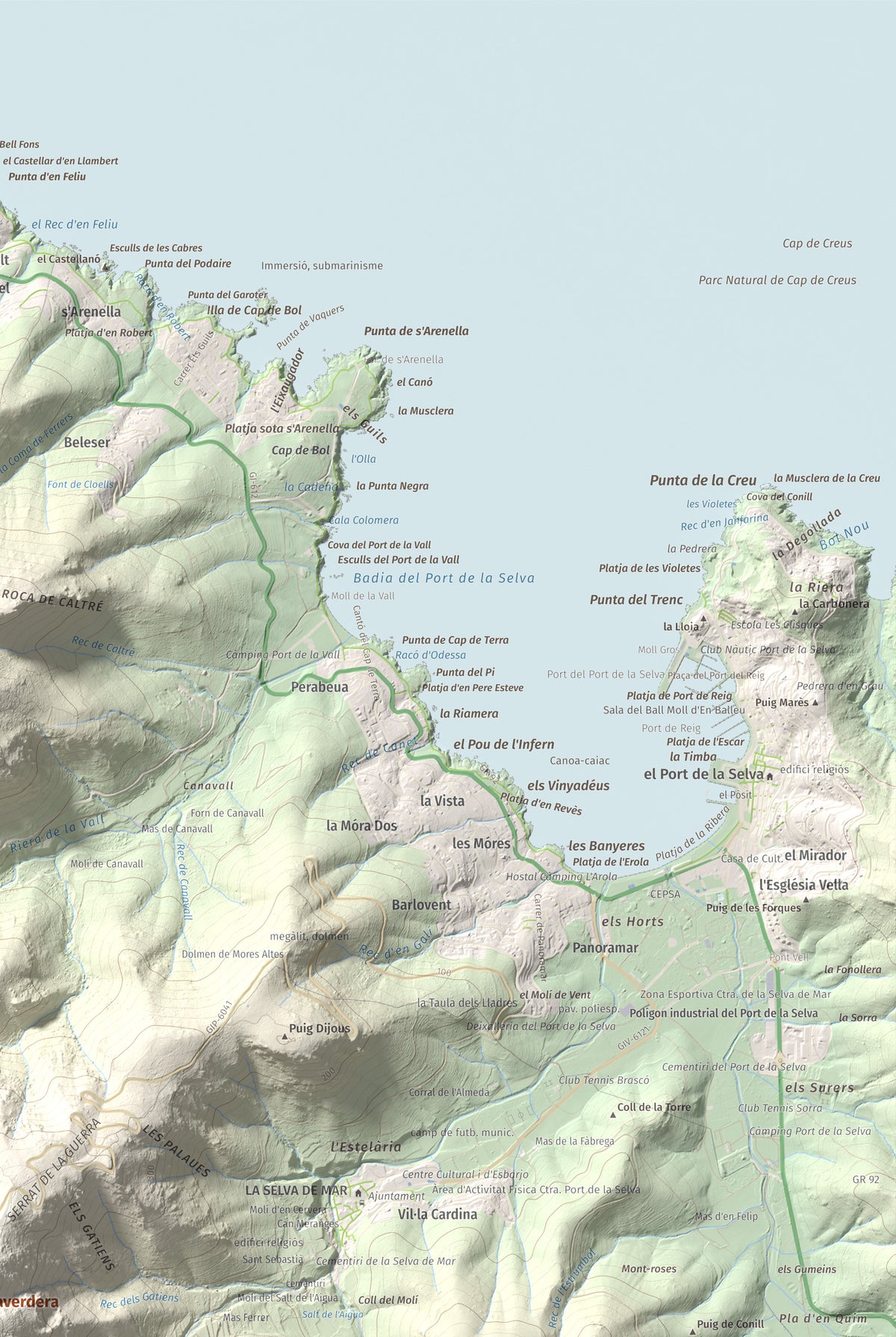 Mapa topográfico del relieve: Castell Saverdera, 682 m. Detalle de la zona superior derecha. 61 × 91 cm.