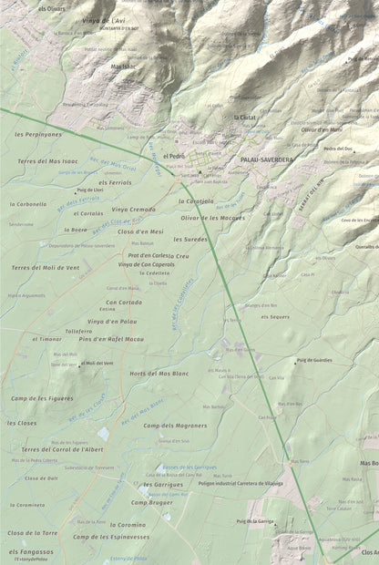 Mapa topográfico del relieve: Castell Saverdera, 682 m. Detalle de la zona inferior izquierda. 61 × 91 cm.