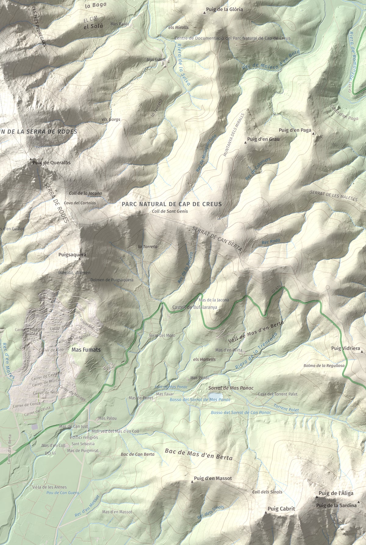 Mapa topográfico del relieve: Castell Saverdera, 682 m. Detalle de la zona inferior derecha. 61 × 91 cm.