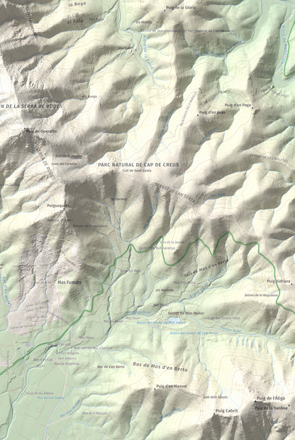 Mapa topográfico del relieve: Castell Saverdera, 682 m. Detalle de la zona inferior derecha. 61 × 91 cm.