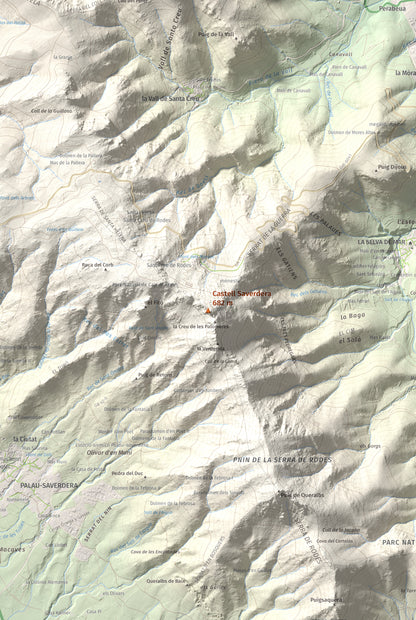 Mapa topográfico del relieve: Castell Saverdera, 682 m. Detalle de la zona central. 61 × 91 cm.