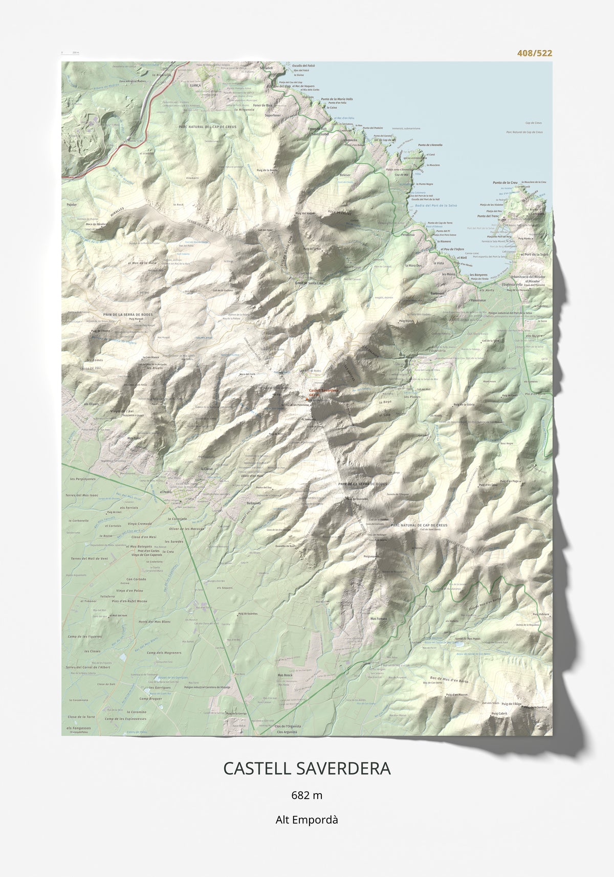 Mapa topográfico del relieve: Castell Saverdera, 682 m. Lámina completa. 70 × 100 cm.