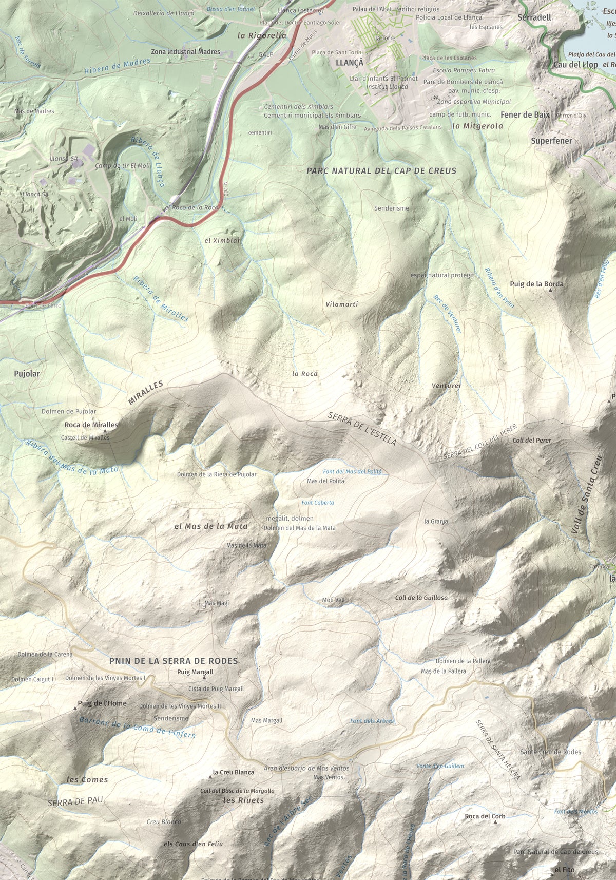 Mapa topográfico del relieve: Castell Saverdera, 682 m. Detalle de la zona superior izquierda. 70 × 100 cm.