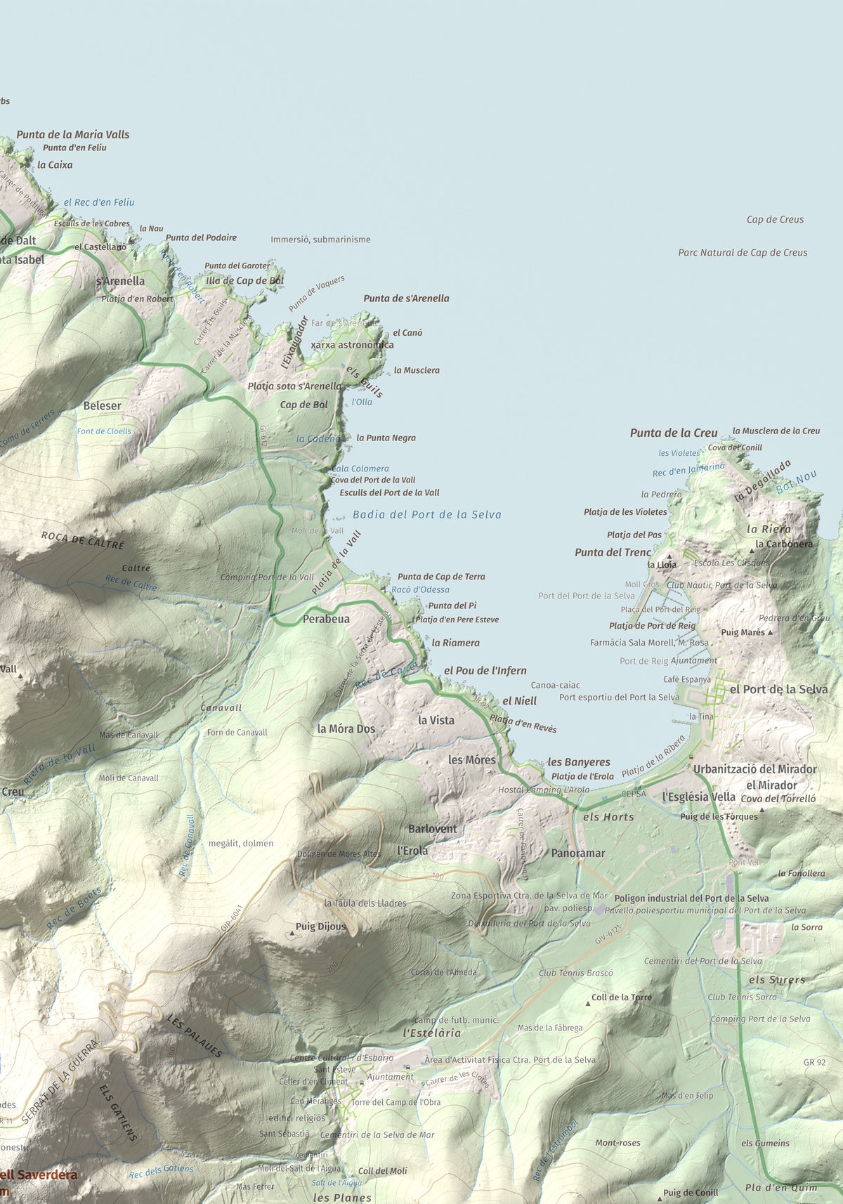 Mapa topográfico del relieve: Castell Saverdera, 682 m. Detalle de la zona superior derecha. 70 × 100 cm.