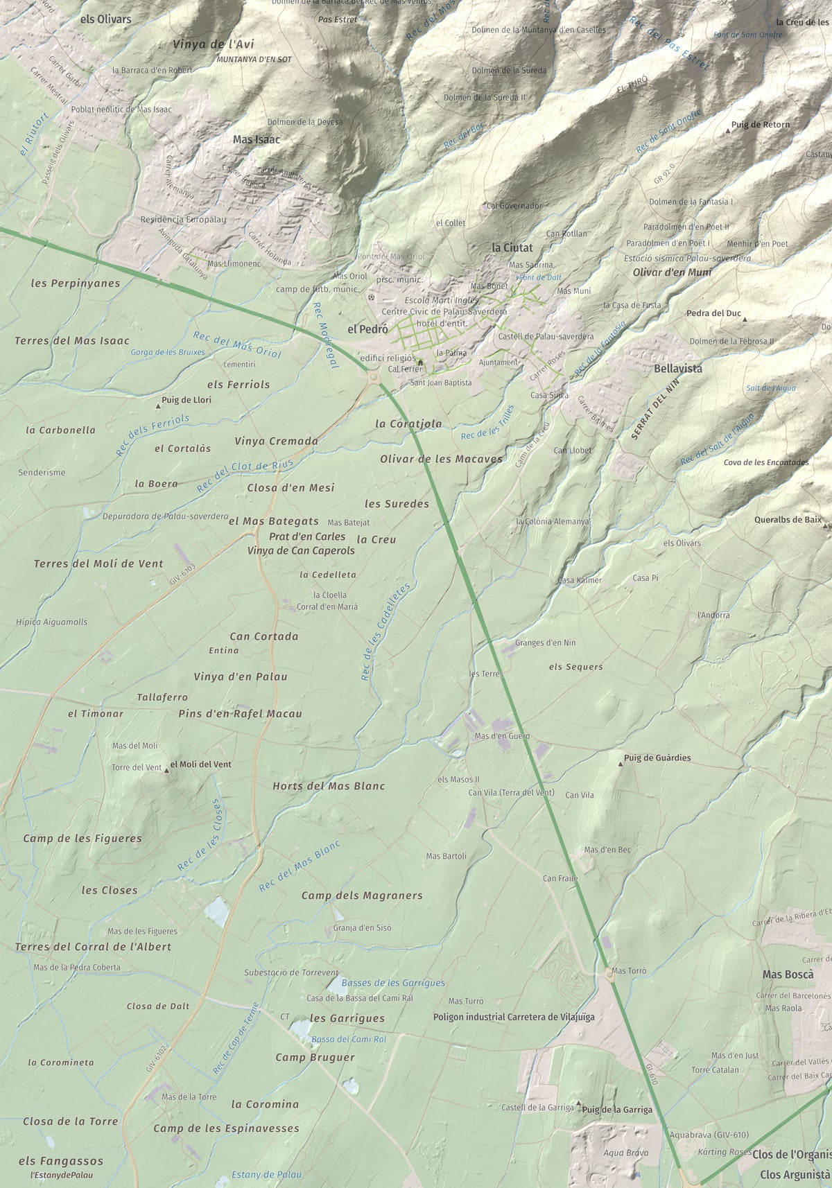 Mapa topográfico del relieve: Castell Saverdera, 682 m. Detalle de la zona inferior izquierda. 70 × 100 cm.