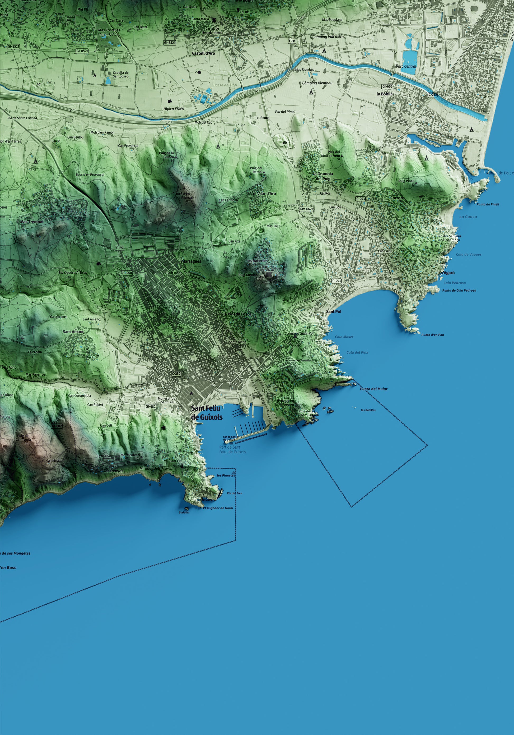 Mapa artístico del relieve de Castell d'Aro, Platja d'Aro i s'Agaró, al Baix Empordà, con 15 km de entorno y base topográfica ICGC. Detalle de la zona inferior izquierda.
