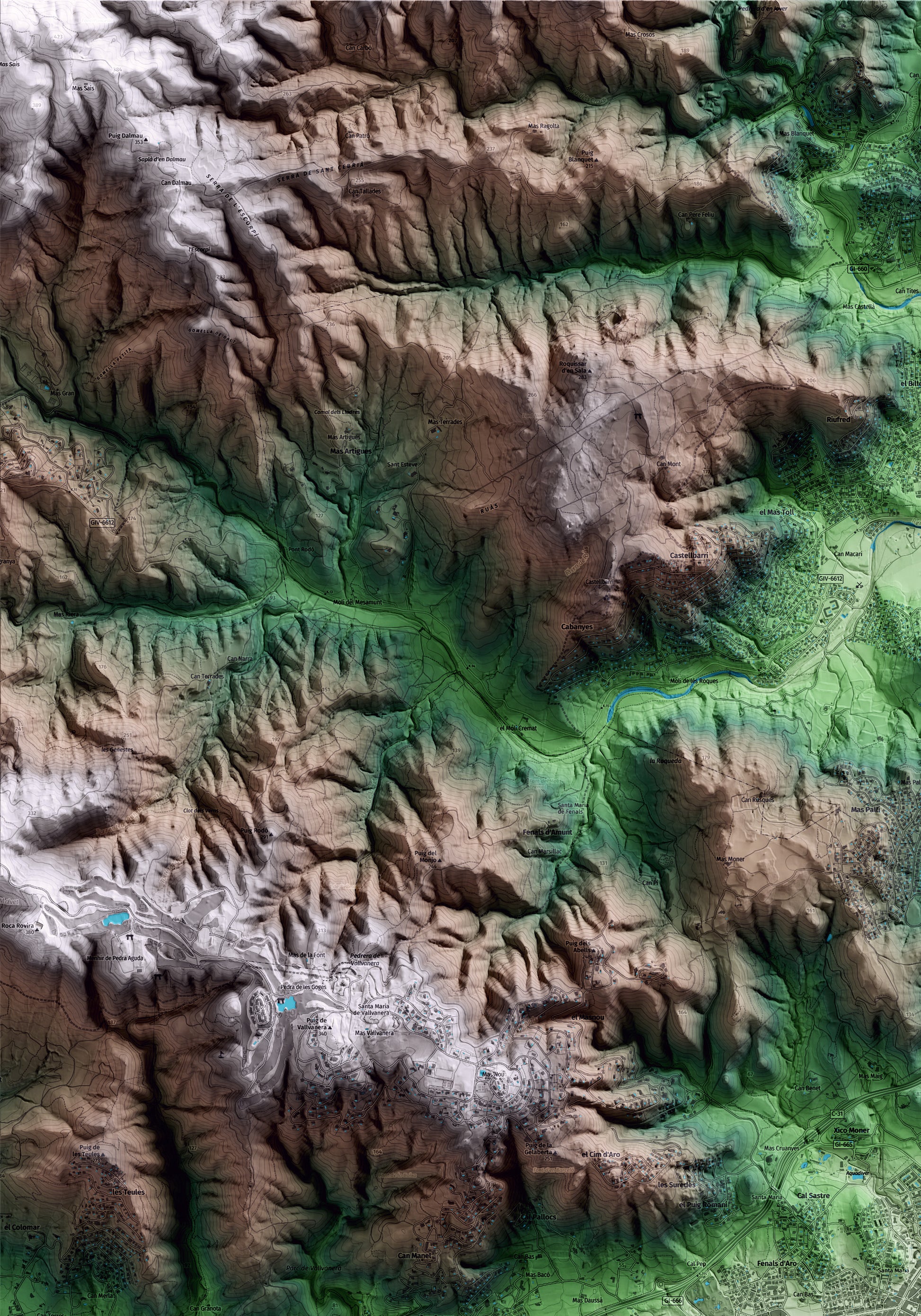 Mapa artístico del relieve de Castell d'Aro, Platja d'Aro i s'Agaró, al Baix Empordà, con 15 km de entorno y base topográfica ICGC. Detalle de la zona superior izquierda.