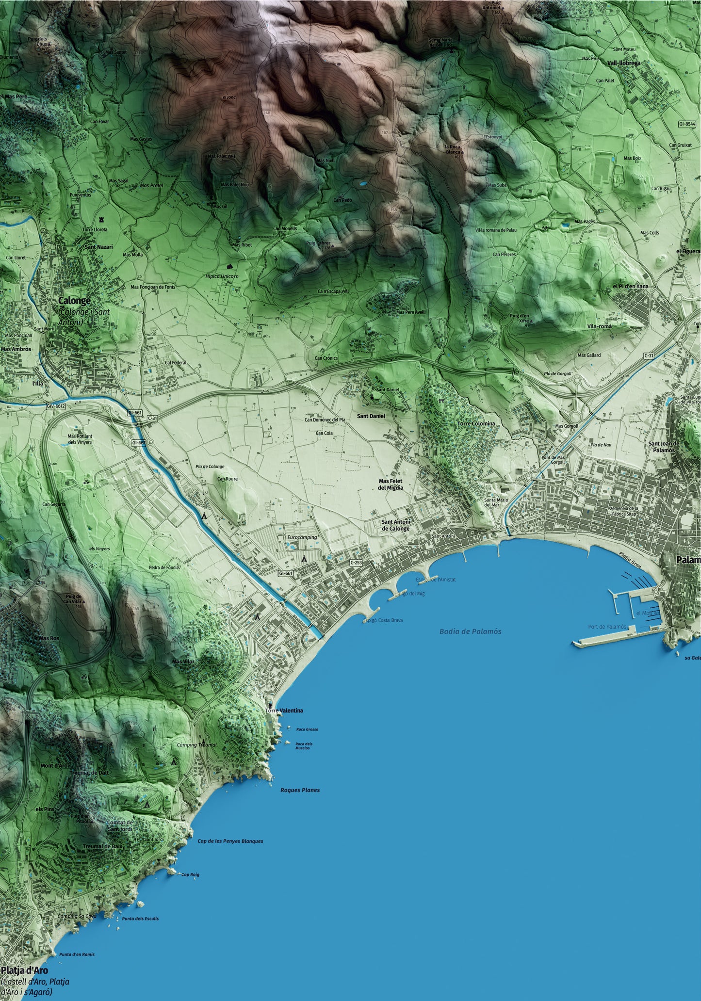 Mapa artístico del relieve de Castell d'Aro, Platja d'Aro i s'Agaró, al Baix Empordà, con 15 km de entorno y base topográfica ICGC. Detalle de la zona superior derecha.