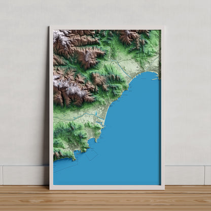 Mapa artístico del relieve de Castell d'Aro, Platja d'Aro i s'Agaró, al Baix Empordà, con 15 km de entorno y base topográfica ICGC. Presentación enmarcada.
