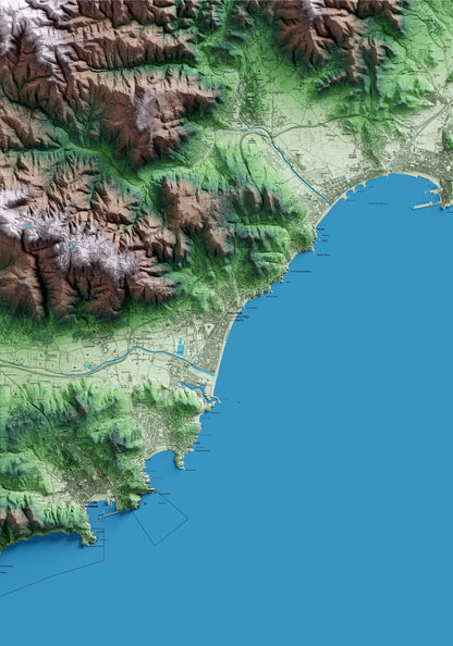Mapa artístico del relieve de Castell d'Aro, Platja d'Aro i s'Agaró, al Baix Empordà, con 15 km de entorno y base topográfica ICGC