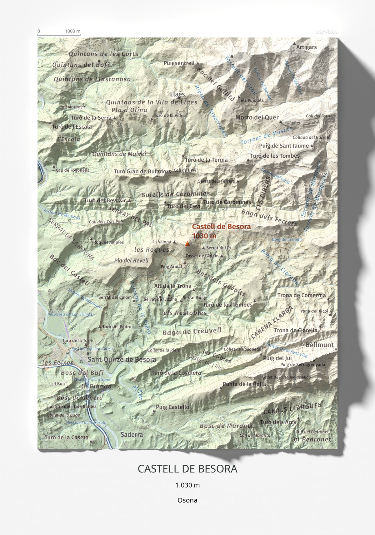 Mapa de relieve de Castell de Besora, 1030 m, Osona, lámina 100 Cims de Trobart 21 × 30 cm.